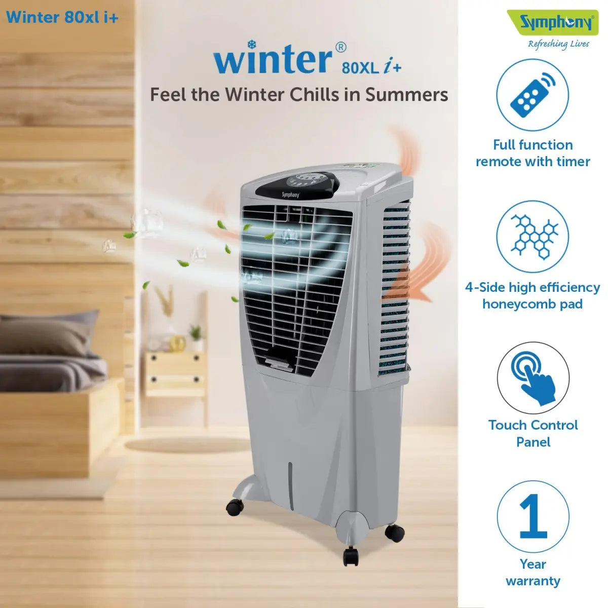 Symphony Winter 80 XL i+ Powerful Desert Air Cooler 80-litres with Remote (Grey)