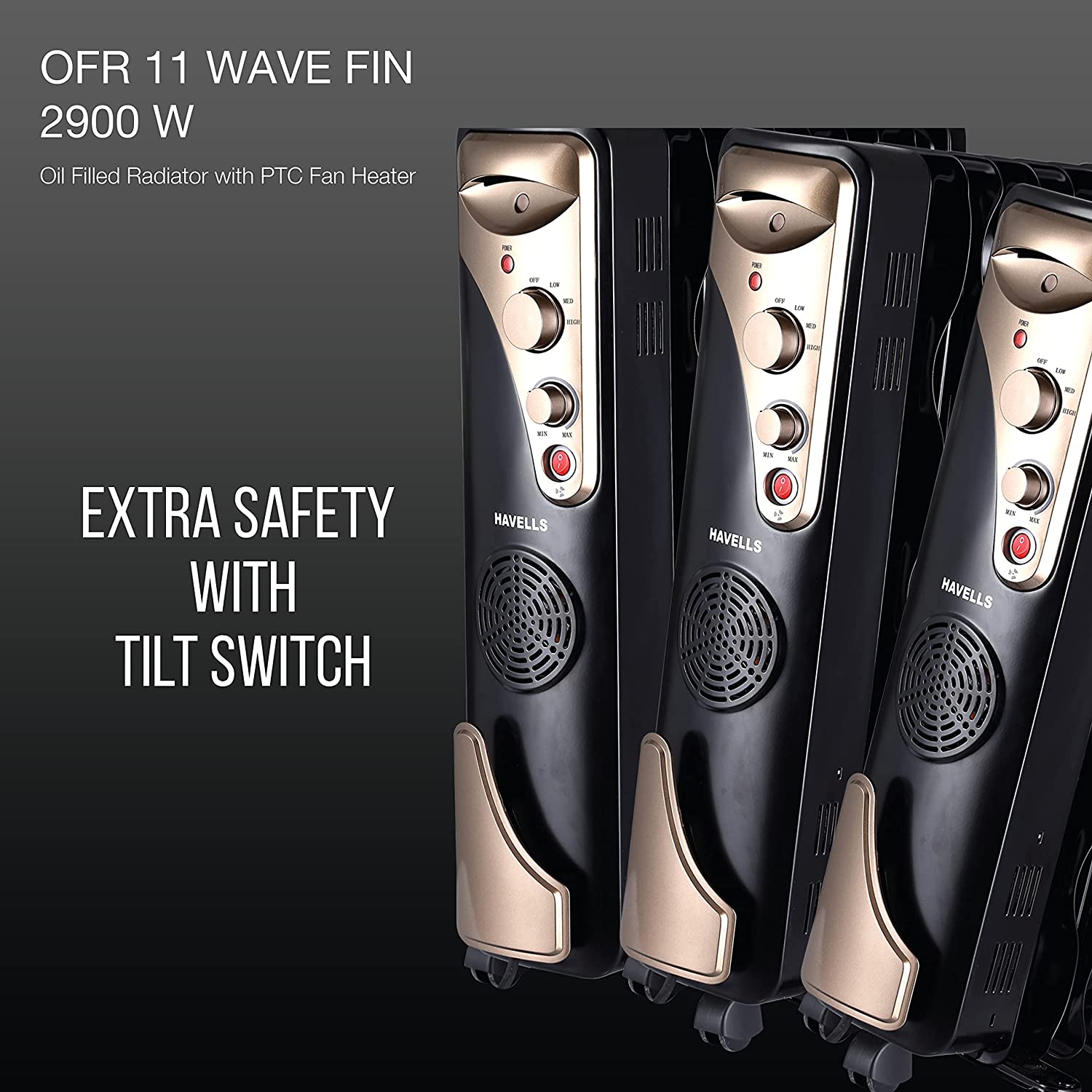 Havells OFR 11 2900 Watts Wave Fin with PTC Fan Heater (Black) (OFR 11 Wave Fin)