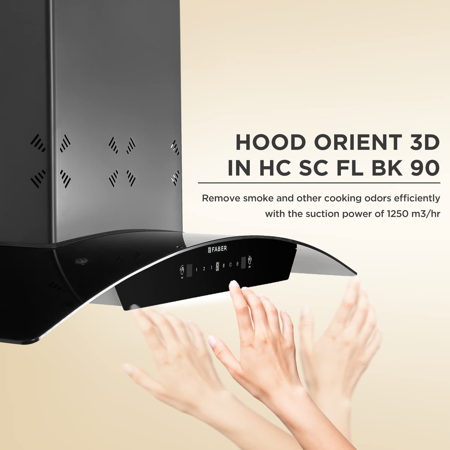Faber 90cm 1250 m3/hr, 6 way Silent suction, Autoclean Chimney, Filterless,12Yr Warranty on Motor(2Yr Comprehensive), Autoclean Alarm, Mood Lt (HOOD ORIENT 3D IN HC SC FL BK 90,Gesture Contro