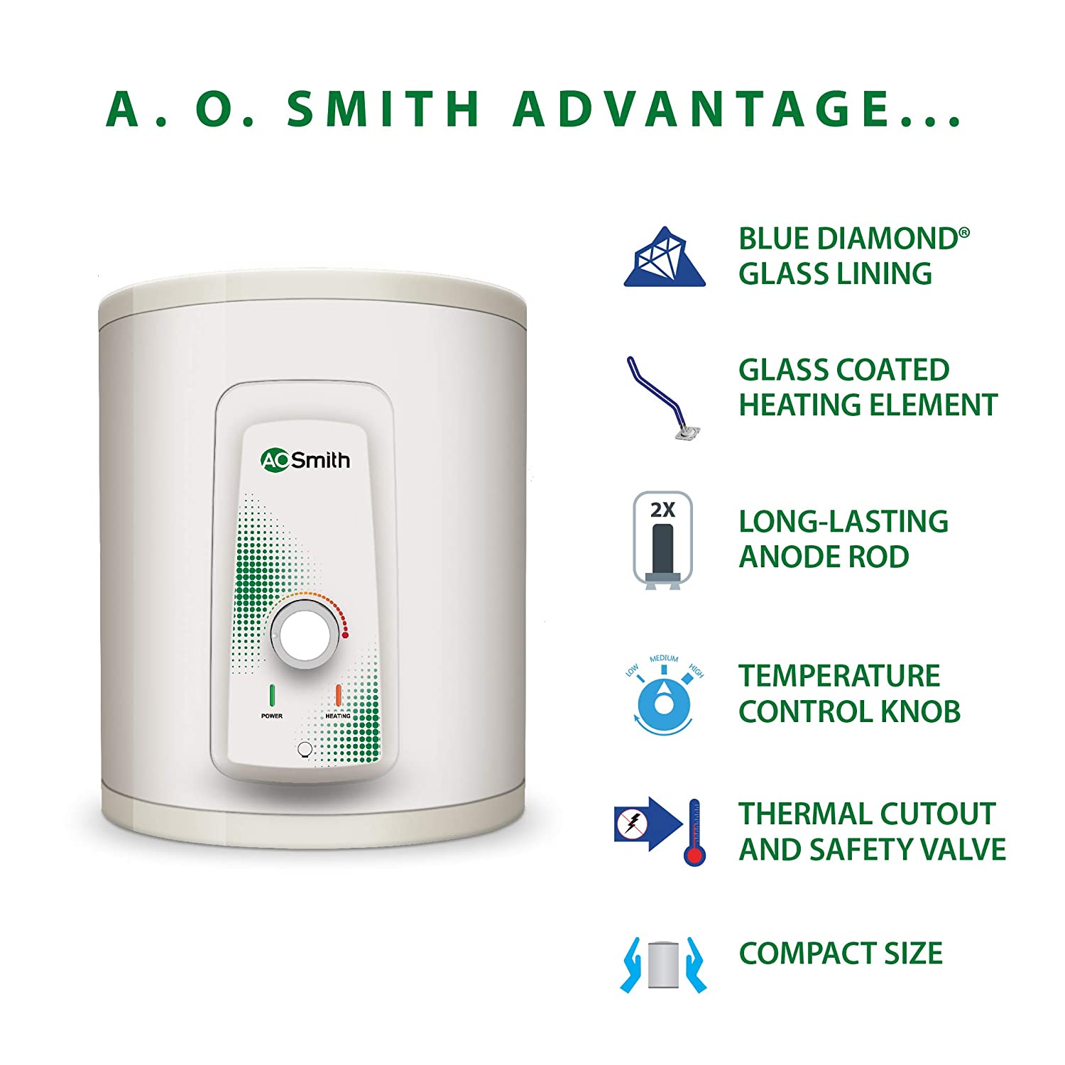 AO Smith HSE-VAS-X-015 Storage 15 Litre Vertical Water Heater (Geyser) White 5 Star & AO Smith EWS-3 Glass Lined 3 Litre 3KW Instant Water Heater (Geyser) White Body - 8 Bar Pressure Rating