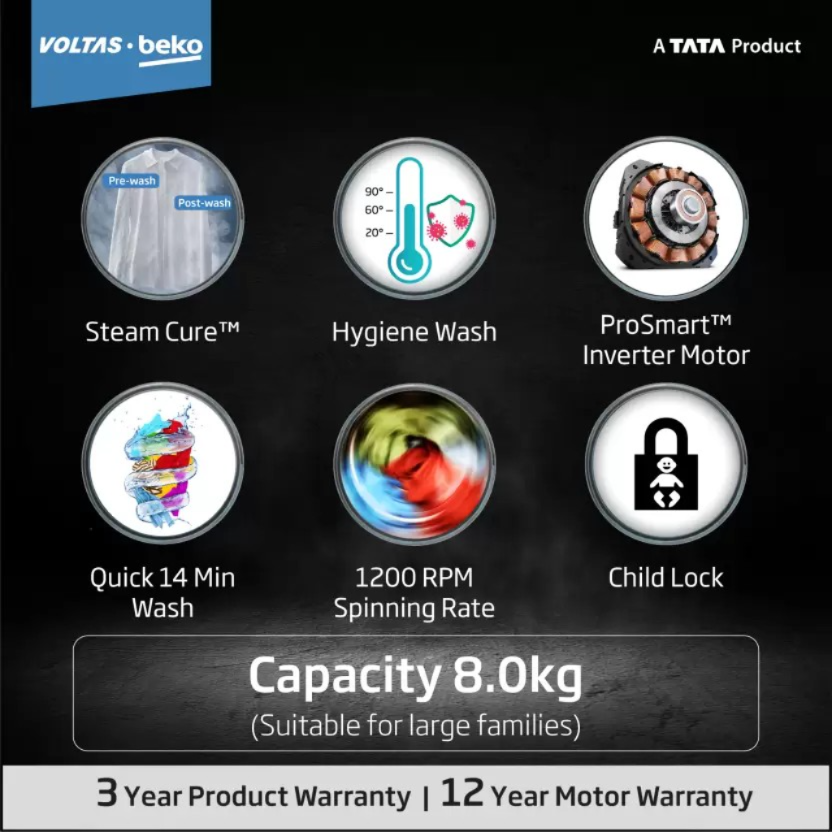 Voltas Beko by A Tata Product 8 kg 5 star Fully Automatic Front Load Washing Machine with In-built Heater White (WFL8012B7JVBKA/WXV)