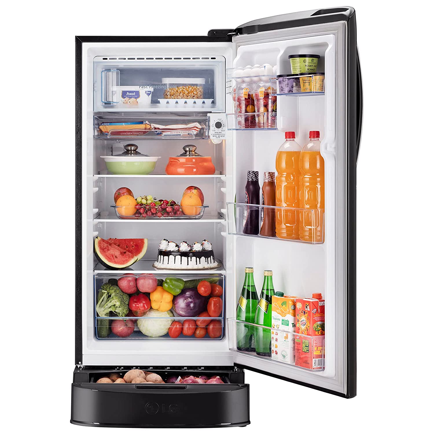 LG 201 L 5 Star Direct-Cool Inverter Single Door Refrigerator (GL-D211HESZ, Ebony Sheen, Base Stand with Drawer & Smart Connect, Gross Volume- 204 Ltr.)