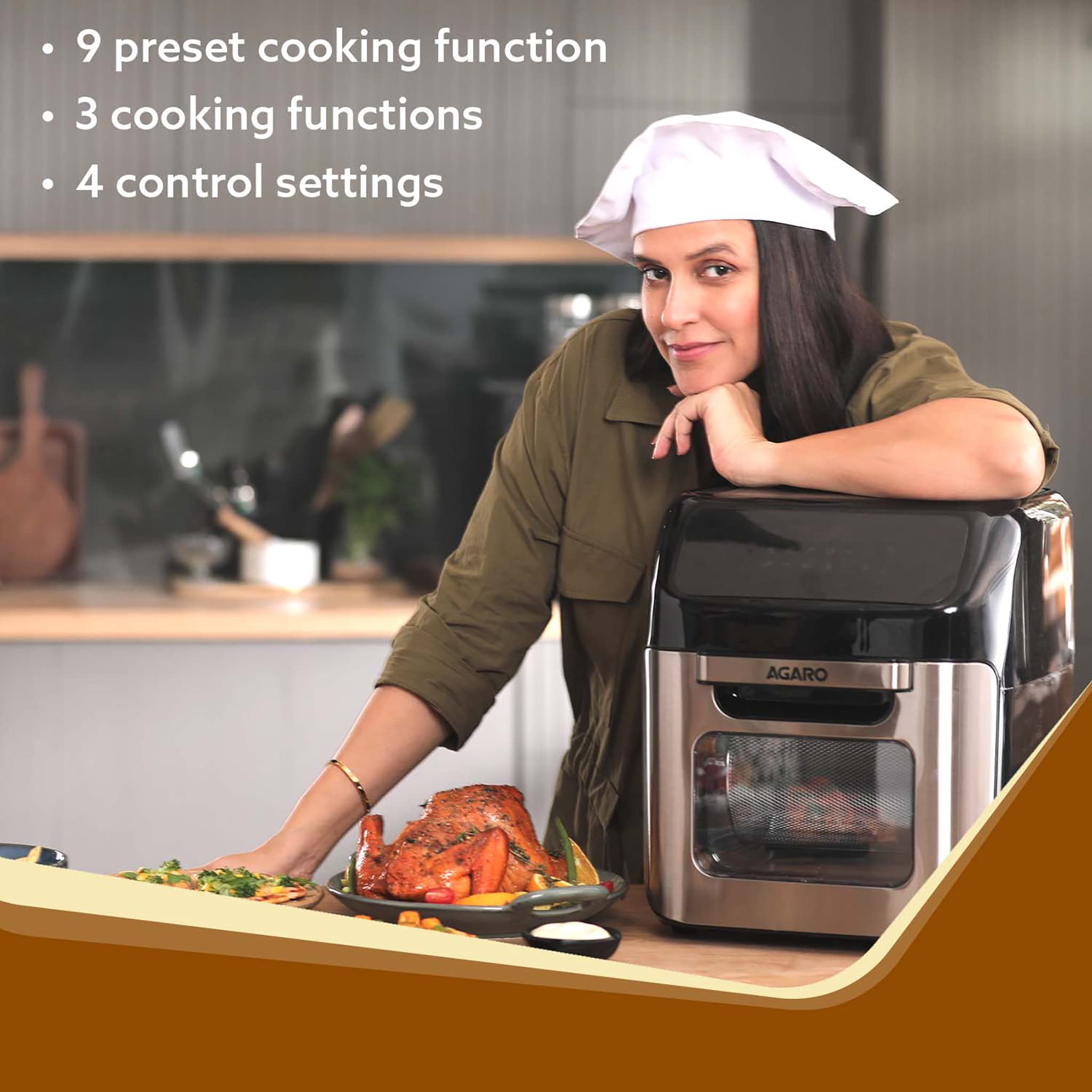 AGARO Regency Air Fryer For Home, 12L, Family Rotisserie Oven, 1800W, 9 Preset Menu, Electric Air Fryer Toaster Oven, Digital Display, Bake, Roast, Toast, Defrost, Silver.