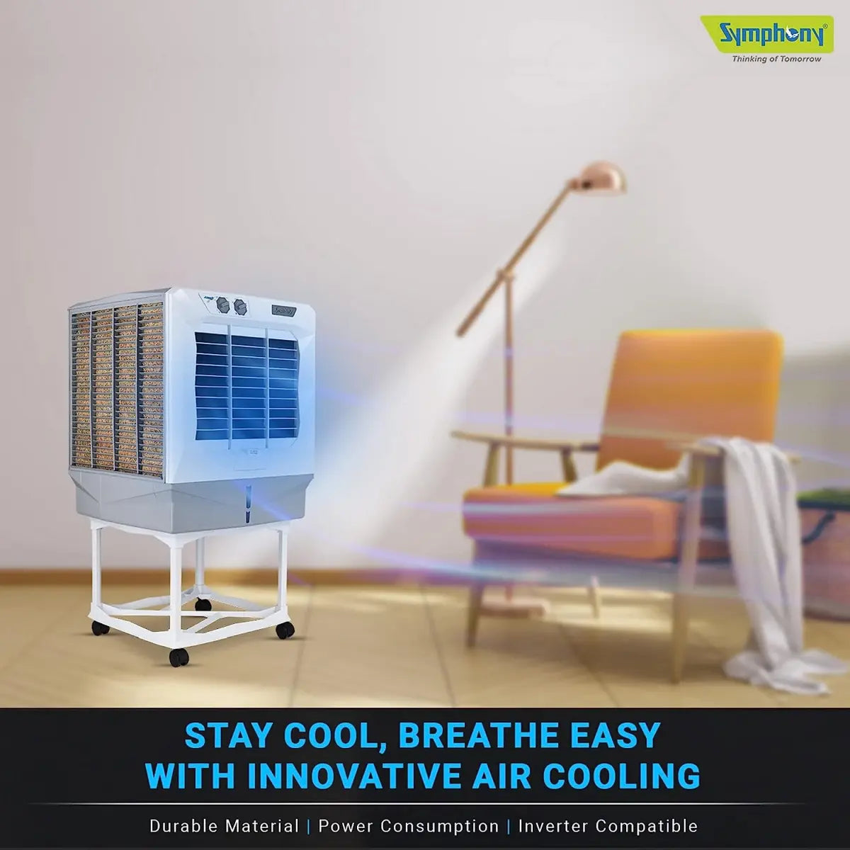 Symphony Jumbo 65+ Desert Air Cooler For Home with Aspen Pads, Powerful Fan, Cool Flow Dispenser and Free Trolley (61L, White)