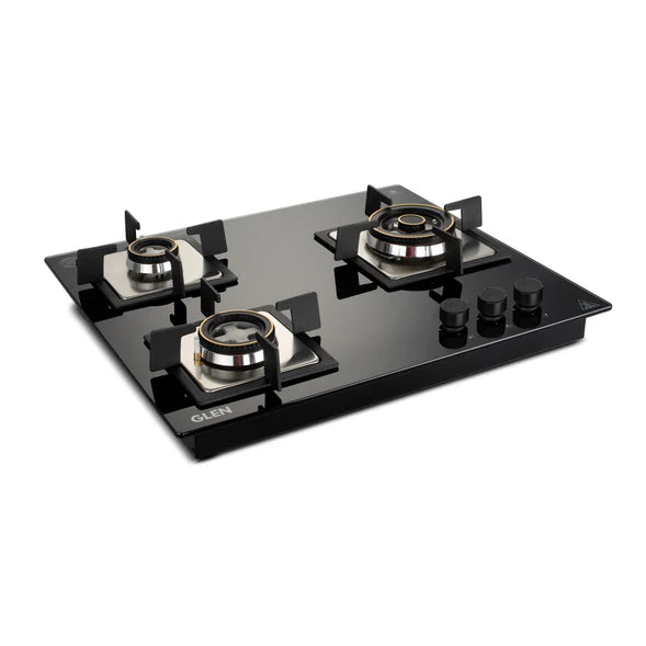 Glen 3 Burner Glass Hob Top with Triple Ring Burner Double Ring Forged Brass Burners Auto Ignition (1063 SQ HT DB TR)