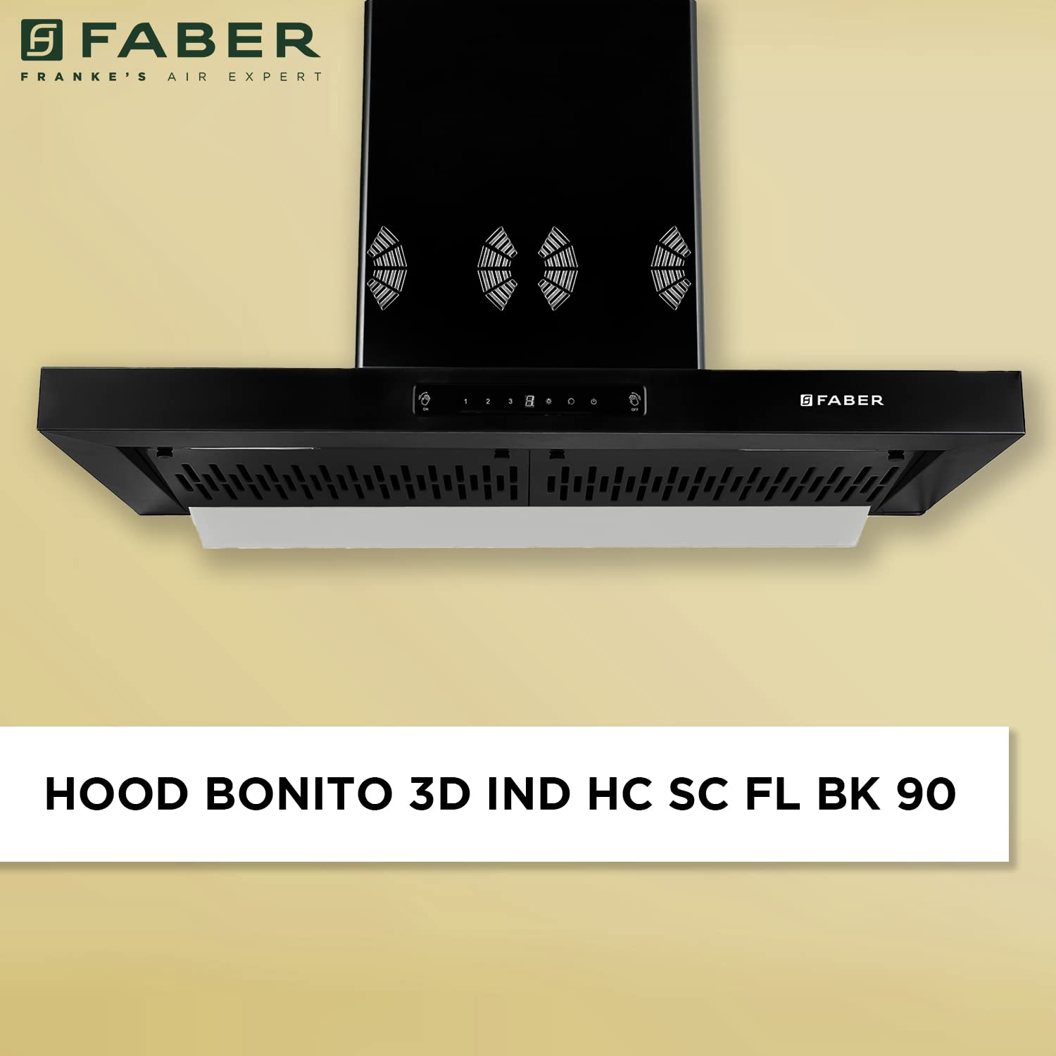 फैबर हुड बोनिटो 3D IND HC SC FL BK 90, 90cm, 1250 m3/hr, 6 वे साइलेंट सक्शन, ऑटोक्लीन, फ़िल्टरलेस, टच और जेस्चर कंट्रोल, 8 साल की मोटर वारंटी, 2 साल की व्यापक वारंटी, भारत में निर्मित, काला।