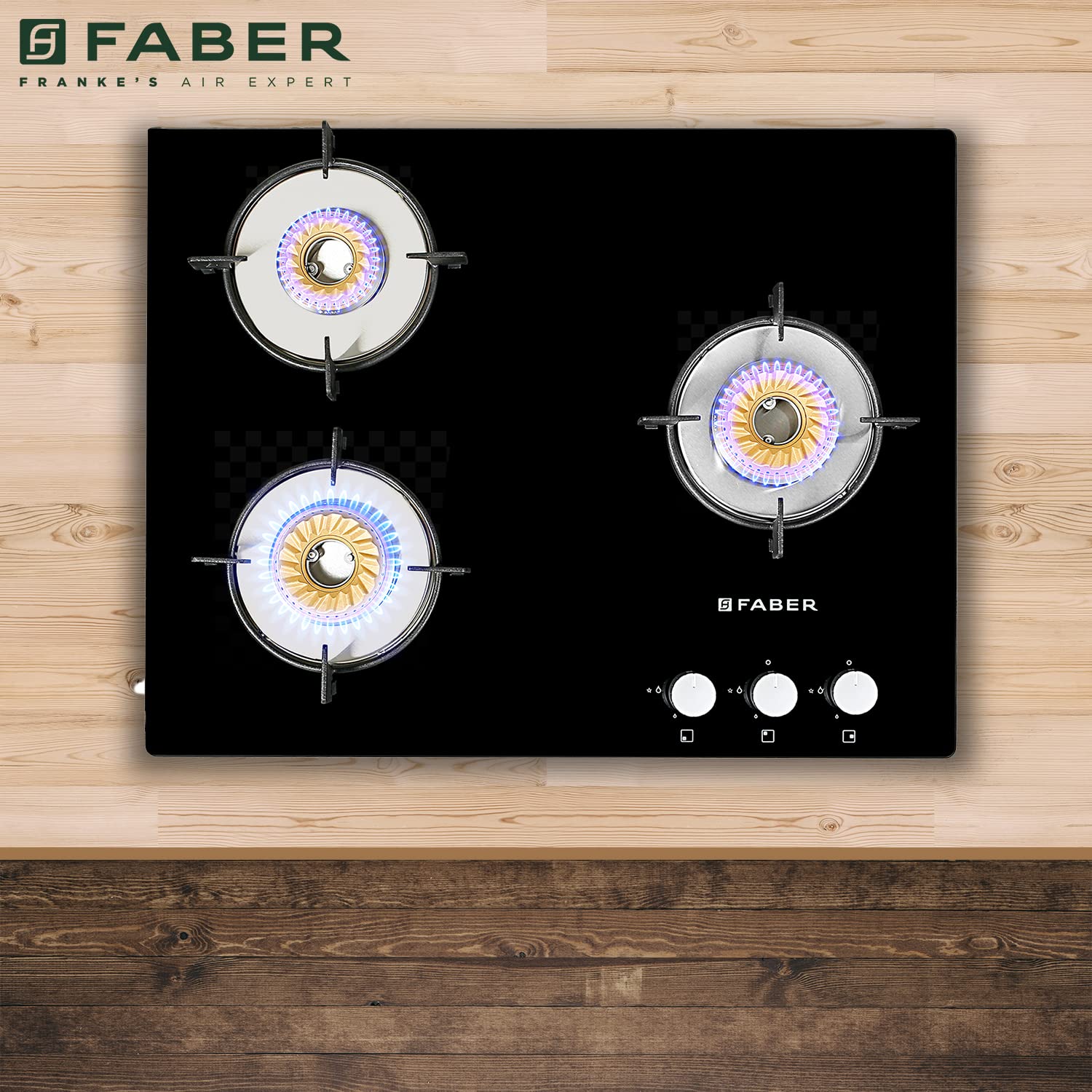 Faber 3 Burner Hobtop, High Performance SABAF Brass Burner, 65 cm (HOB Orion 653 HD BB SQ EBK) Auto Ignition, Black