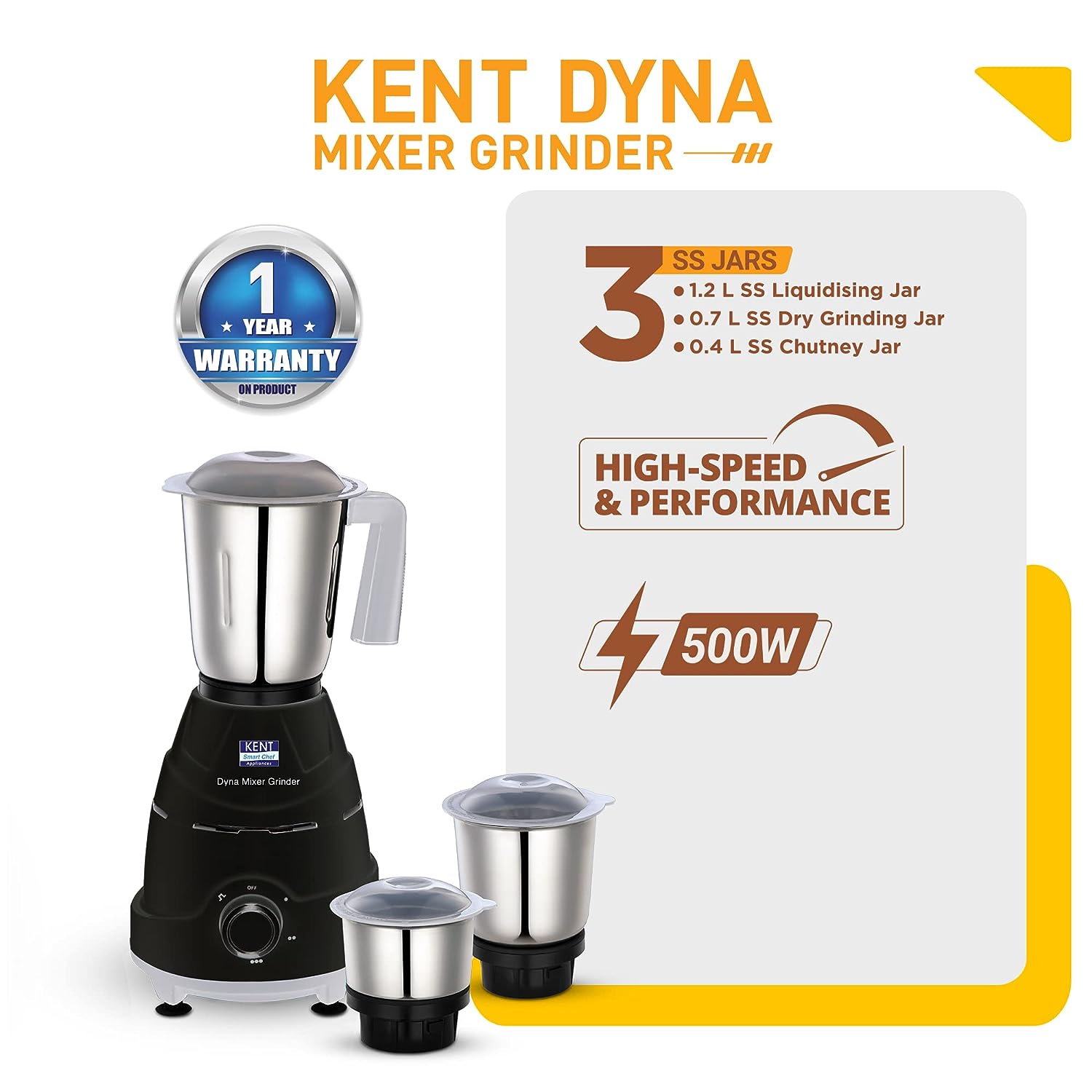 KENT Dyna Mixer Grinder | Stainless Steel Jars