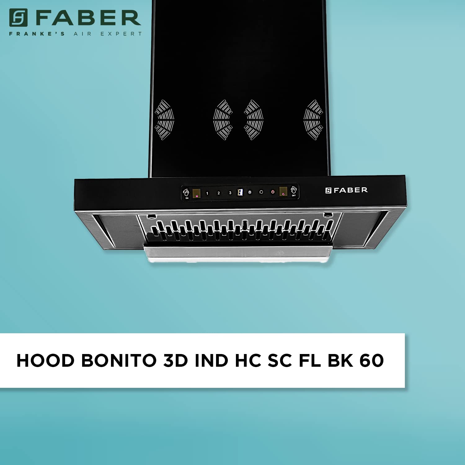 Faber 60cm 1250 m3/hr 6 way silent suction, Autoclean Chimney, Filterless, 8Yr on Motor, 2Yr Comprehensive Warranty, Made in India (HOOD BONITO 3D IND HC SC FL BK 60, Touch & Gesture Control, Black