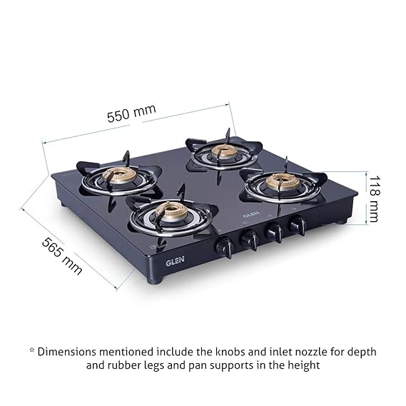 GLEN 1043 GT HF BB Double Drip Tray 4 Burner Manual Glass Gas Stove (Black)