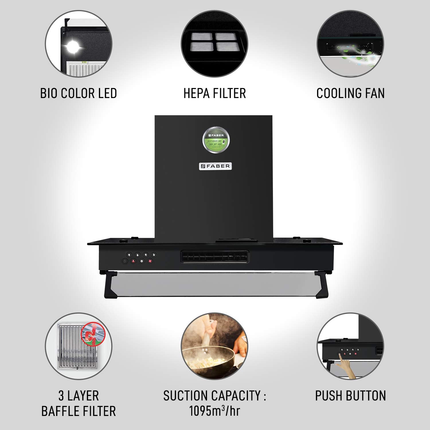 Faber 3in1 Chimney with Air purifier & Fan,60 cm,1095 m³/hr (Aerostation Glamour Pro 3D BK FT 60,Baffle Filter,Black)