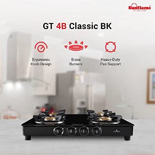 Sunflame (Classic Bk) Glass Top 4 Brass Burner Gas Stove, Open