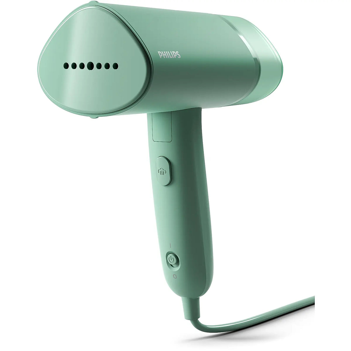 Philips STH3010/70 green handheld garment steamer with steam plate, steam button and power switch