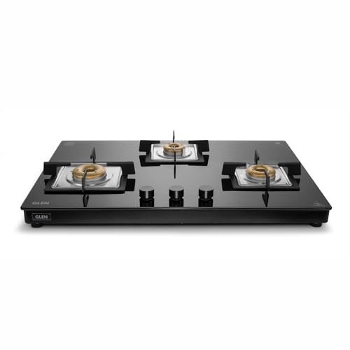 Glen 3 Burner Ultra Slim Free Standing Hob | 8 MM Toughened Glass | Black |Forged brass burners |Warranty 2 Years Standard & 5 Years Glass |1073 US BL 75 cm