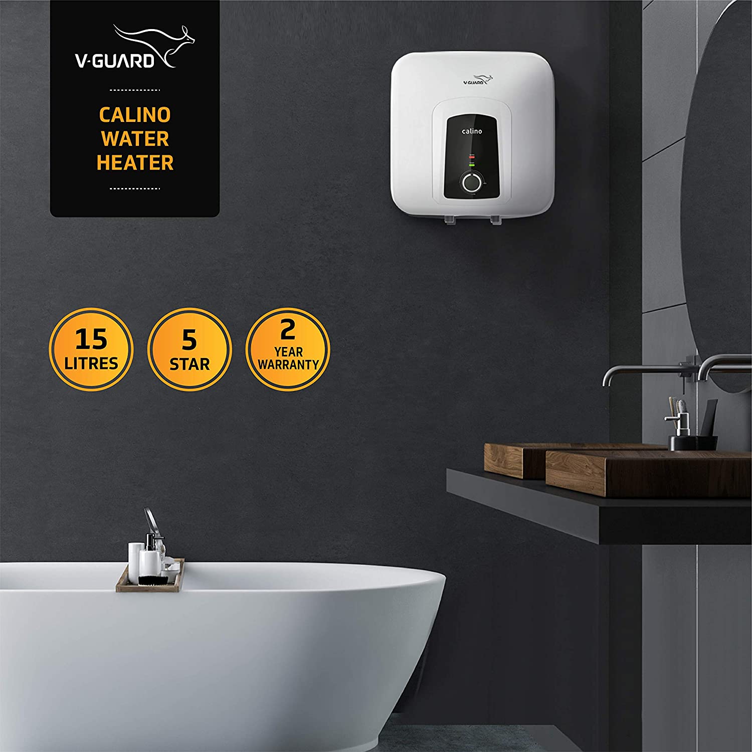 -Guard Calino 25L Storage 5 Star Water Heater, 100% ABS Body with IPX4 Rating; Free PAN India Installation and Free Inlet Outlet Connection Pipes; White