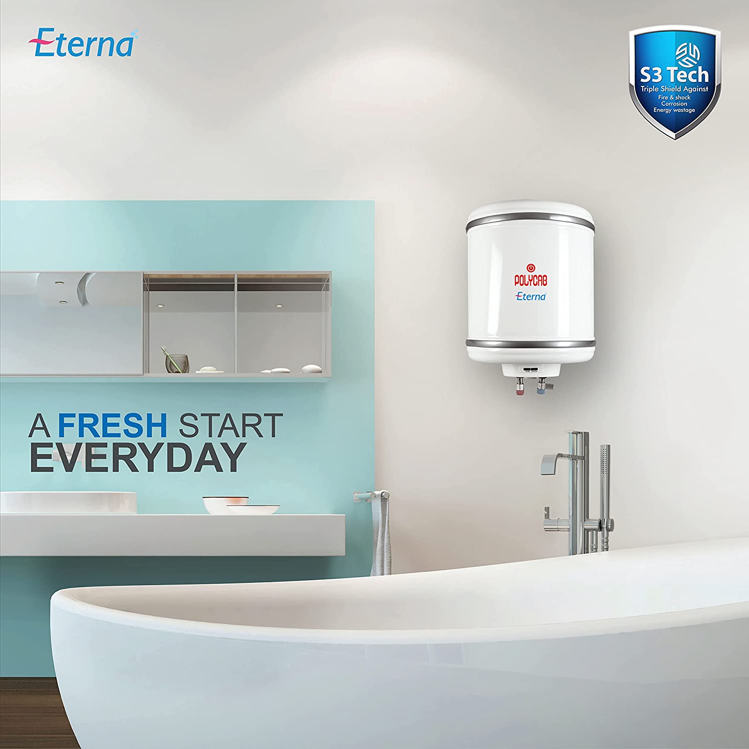 Polycab Eterna 6Ltr Electric Storage Water Heater (Geyser) with 4 Star Rating, Anti-rust tank, Shockproof body with Advanced Safety, ISI certified with 5 years Inner Tank Warranty (Off-White)