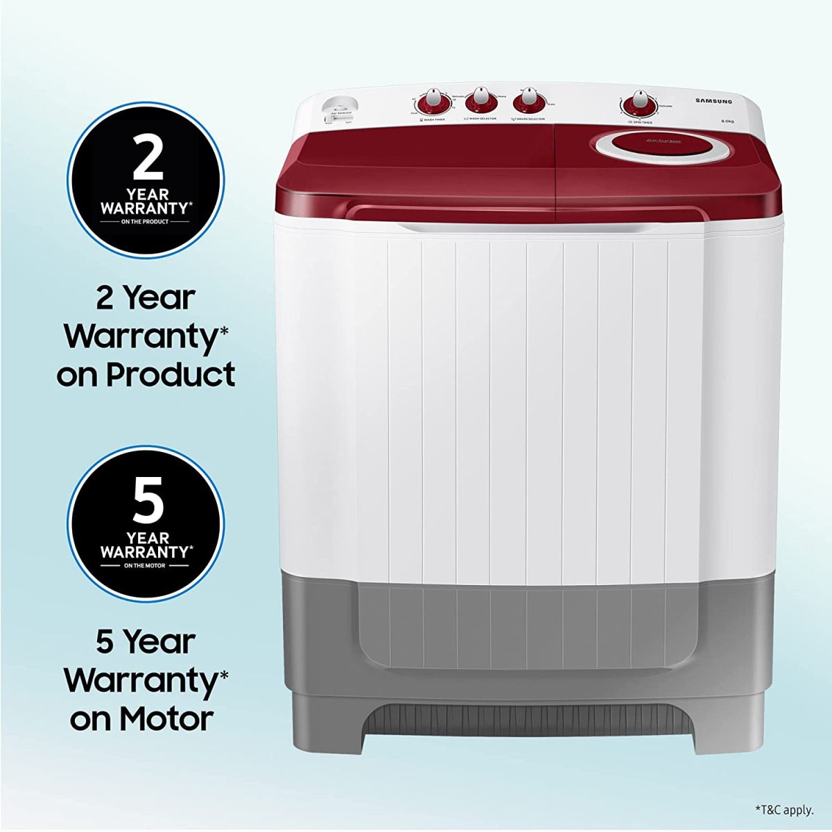 Samsung 8.0 Kg Semi-Automatic 5 Star Top Loading Washing Machine (WT80R4000RG/TL, Light Grey, Wine Red Lid (Opaque), Hexa Storm Pulsator)