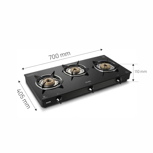 Glen 3 Burner Toughened Glass Top | Black | ISI Certified | Stainless Steel Drip Trays | Anti-Skid Feet | Ergonomic Knobs | 2 Year Warranty | CT3B70BLBB