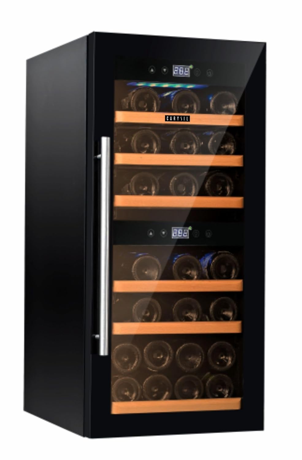 Carysil Wine Chiller, Stores up to 24 Bottles, Free Standing, Dual Cooling Zone (3°C-12°C White & 12°C-20°C Red Wine), Adjustable Wooden Shelves, Toughened Glass Door, LED Display, Ideal for Home