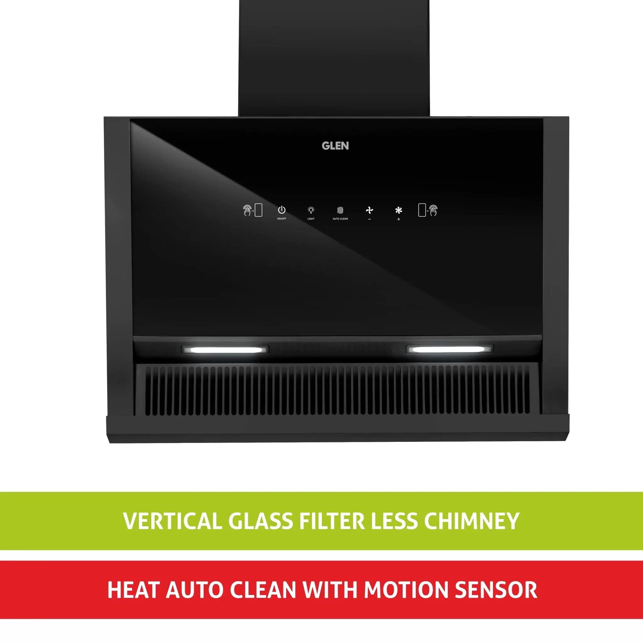 Glen Auto Clean Glass Filterless Chimney With 7 Year Warranty On Motor, With Motion Sensor 1200 m3/h -Black (CH6072SXAC75)