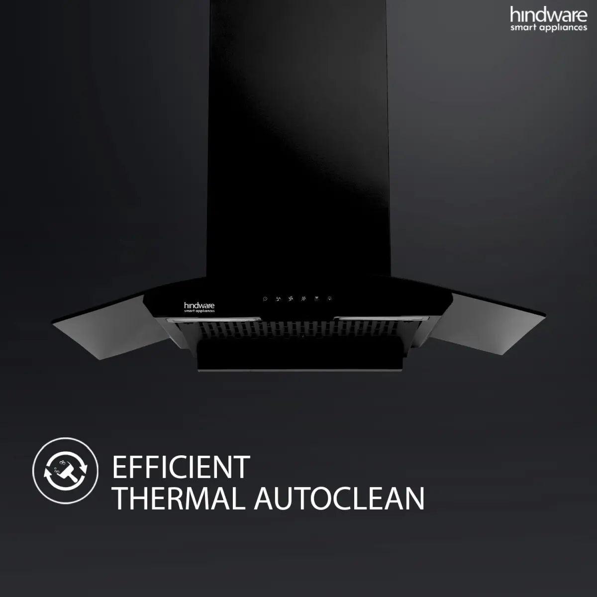 Hindware Cambria 60cm 1100 m³/hr Stylish Filterless Auto-Clean Kitchen Chimney With Metallic Oil Collector, Glazed Finish (Curved Glass, Black)