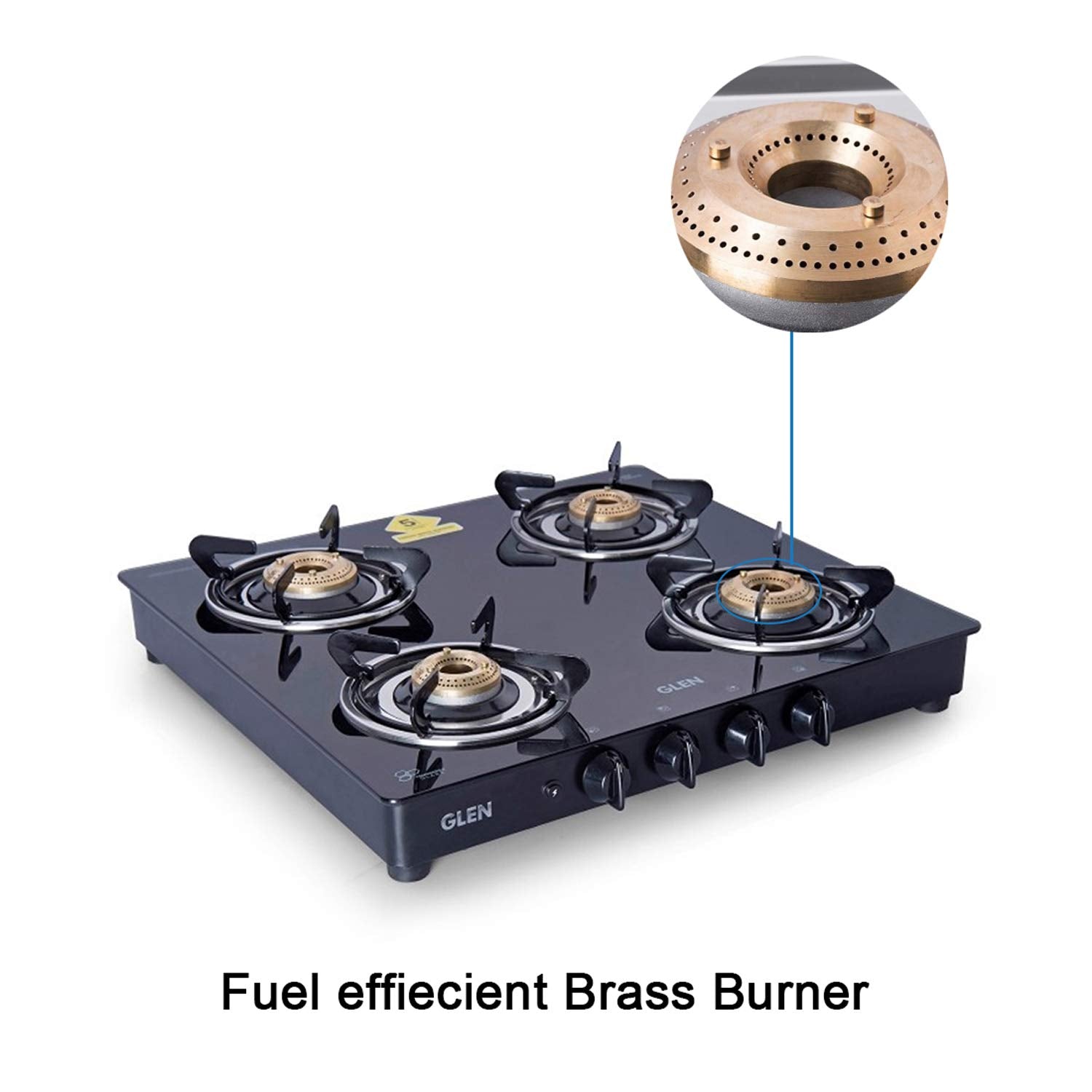 Glen 4 Burner LPG 6mm Thick Toughened Glass Top Gas Stove|Brass Burner|ISI Certified|Auto Ignition|Black|Drip Trays|Revolving Inlet Nozzle|2 Year Warranty On Product|CT4B55BLBBAI