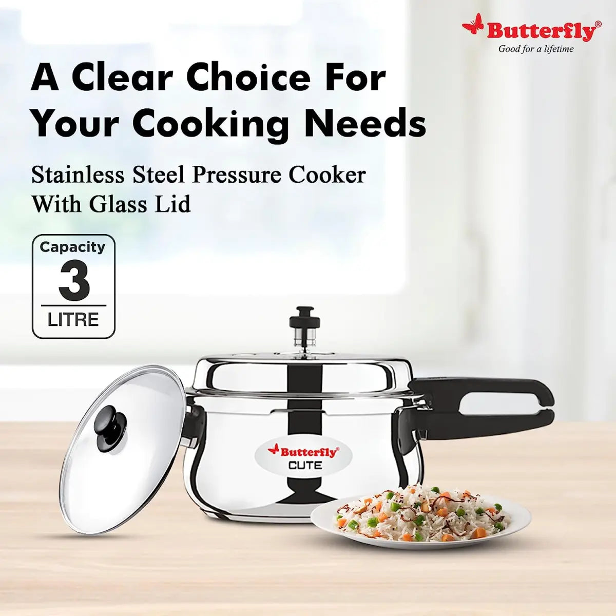 Butterfly Cute SS Induction Compatible Outer Lid Stainless Steel Pressure Cooker with Glass Lid 3 Ltr, Silver