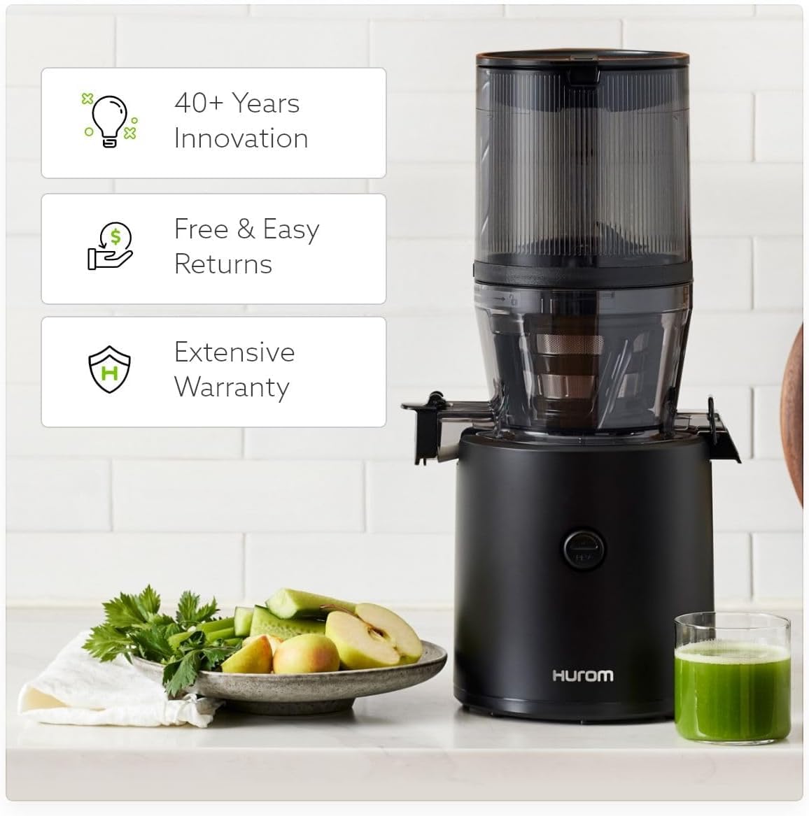 Hurom H320 Slow Juicer | Ultra Low Pulp | Hands-Free | Whole Produce Hopper | Quiet Motor | BPA Free | Easy Assembly | Cold Press Masticating Juicer (Black)