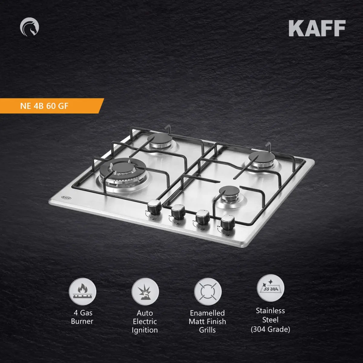 Kaff 4 Burner Stainless steel finish Built In Hob (NE4B 60 SS) auto electric ignition
