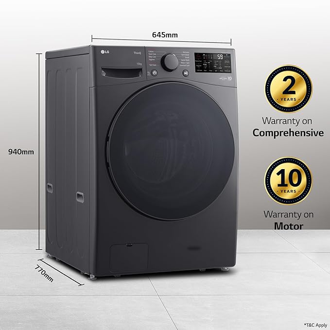 LG 15 Kg, AI Direct Drive Technology, Wi-Fi, Steam Fully Automatic Front-Loading Washing Machine (FHT1415ZTM, Intelligent & Convenient Fabric Care, Allergy Care, Remote Control, Middle Black)