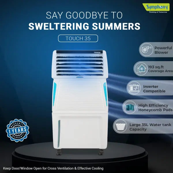 Symphony Touch 35 Personal Air Cooler with Honeycomb Pads (35L, White)