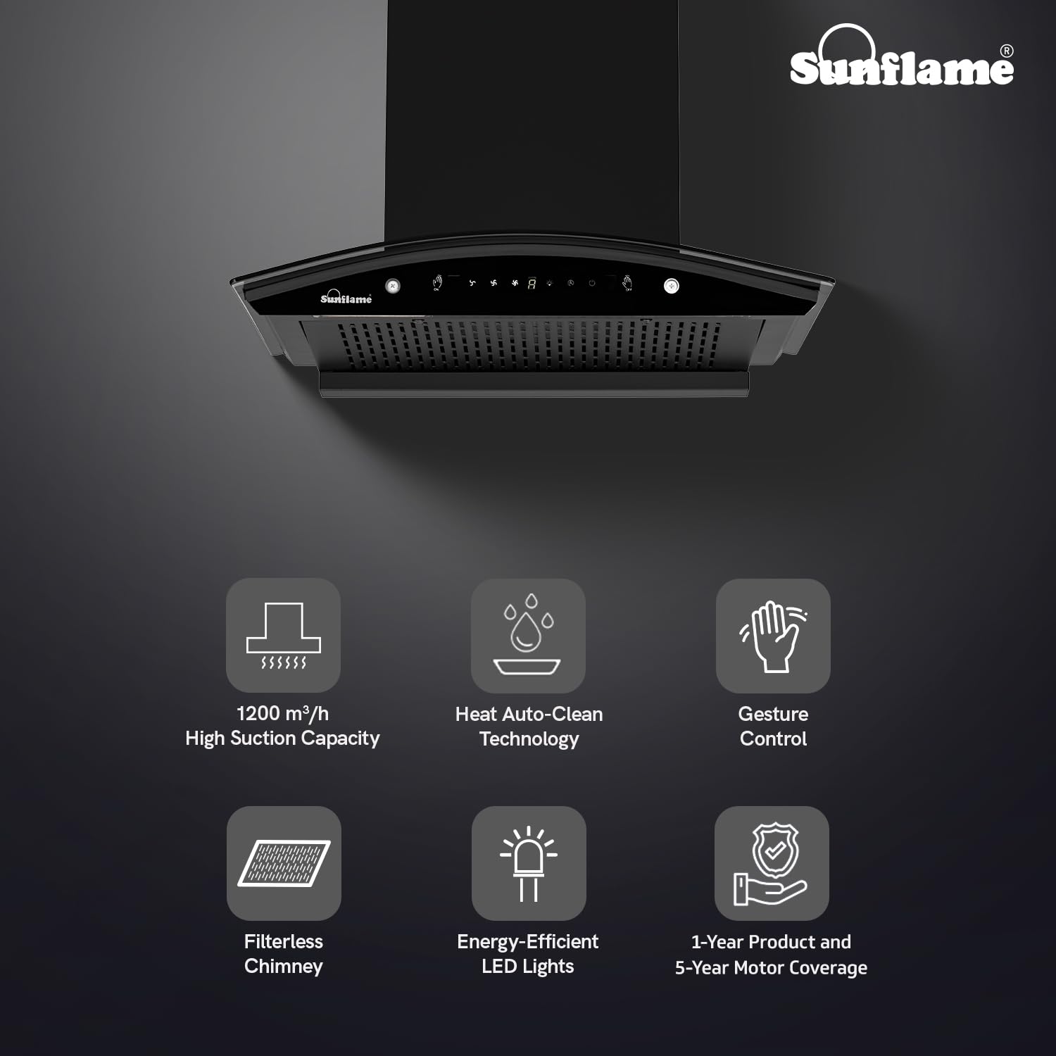 Sunflame Roma High Efficiency Filterless Chimney | 1200 m³/h Suction Capacity | 1-Year Product coverage and 5-Year Motor coverage | Heat Auto-Clean Technology | 60 cm