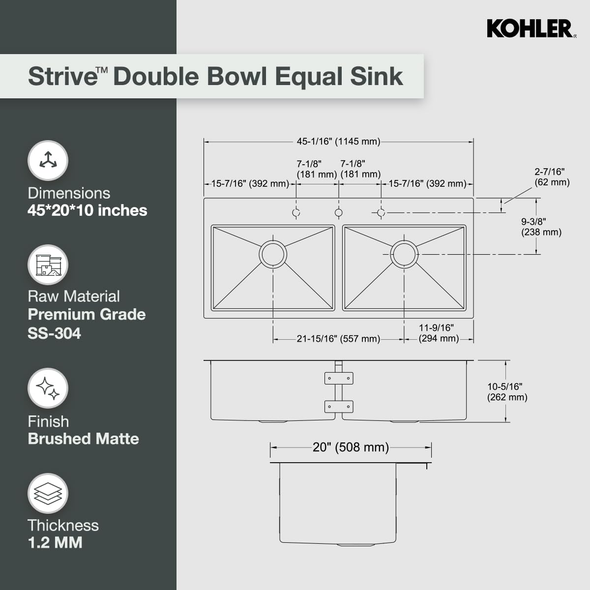 Kohler Strive™ Kitchen Sink with Lifetime Warranty|1.2 mm Thick Stainless Steel Double Equal Bowl with SilentShield™|10" Deep, Round Corners for Easy Cleaning | 45x20x10 inches, Brushed Matte Steel