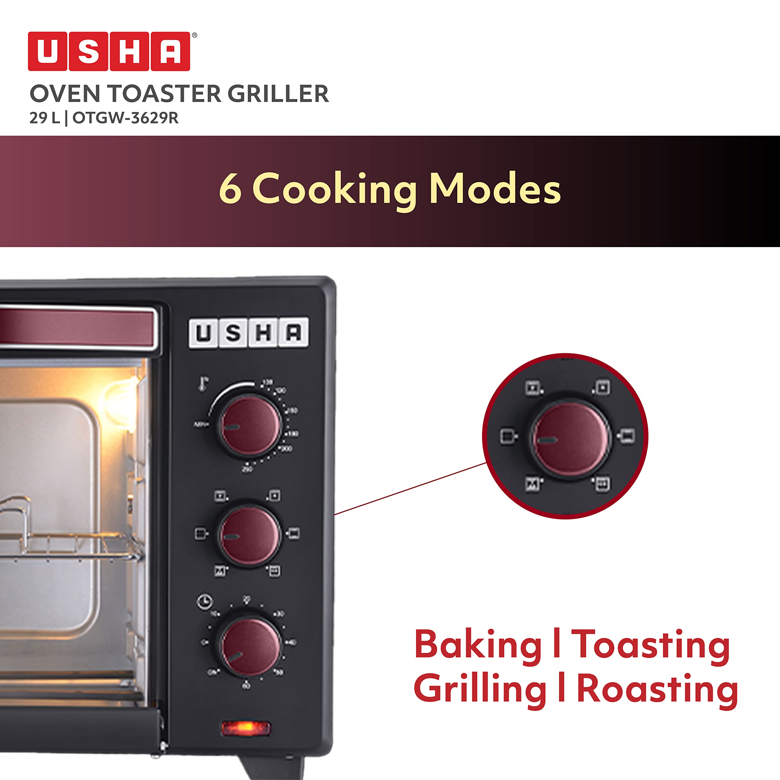 Usha 3629R 29L Oven Toaster Grill with Rotisserie and Convection, 1600 W, 6 mode Heating Function(Wine & Matte Black)