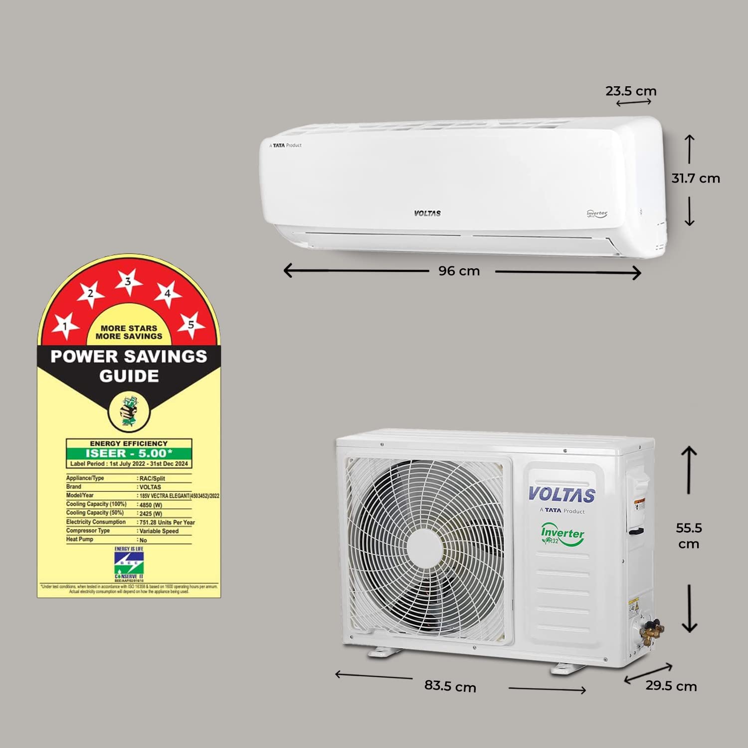 Voltas Inverter Split Ac ‎185V Vectra Elegant 1.5 Ton 5Star  White