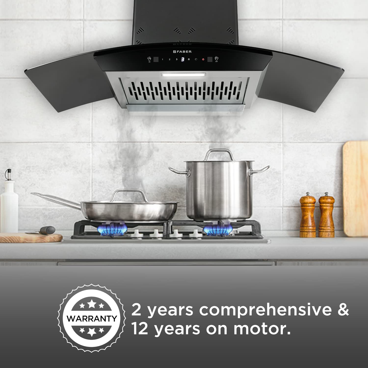 Faber90cm 6 way Silent Suction,1250m3/hr, Autoclean Chimney, 12Yr Warranty on Motor(2Yr Comprehensive) Autoclean Alarm(HOOD EVEREST 3D IN HC SC FL LG 90, Filterless, Touch&Gesture Control, Li
