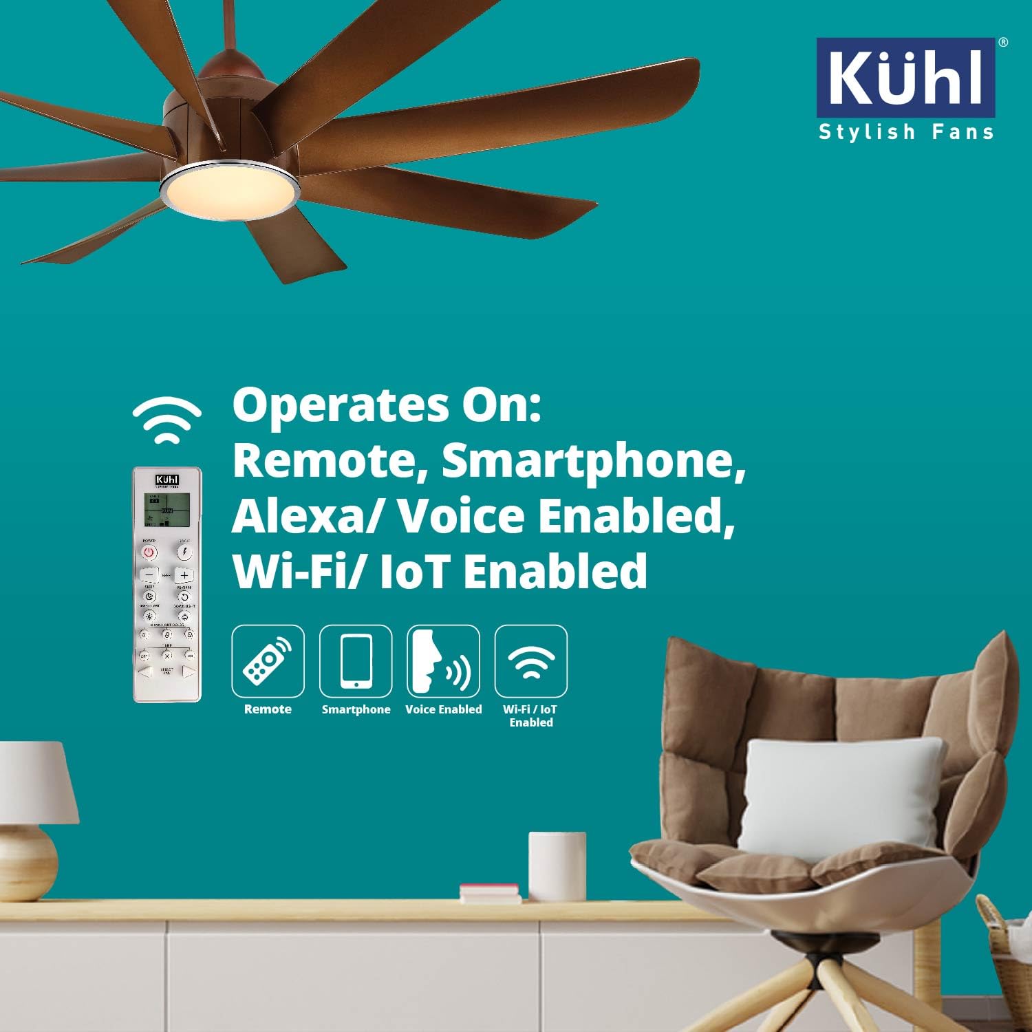 KUHL Platin D8 1200mm Stylish Power Saving BLDC Ceiling Fan with Remote | Down Light | 30W | 5 Star | High Air Flow | Low Noise | IoT – Operate via Mobile & Alexa | Reverse Mode | Copper