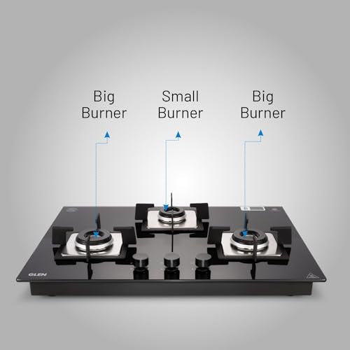 Glen 3 Burner Built In Glass Hob | Auto Ignition | 8 MM Toughened Glass | Black |Italian Burner with Double Ring Flame| |Warranty 2 Years Standard & 5 Years Glass |1073 SQ HT IN 70
