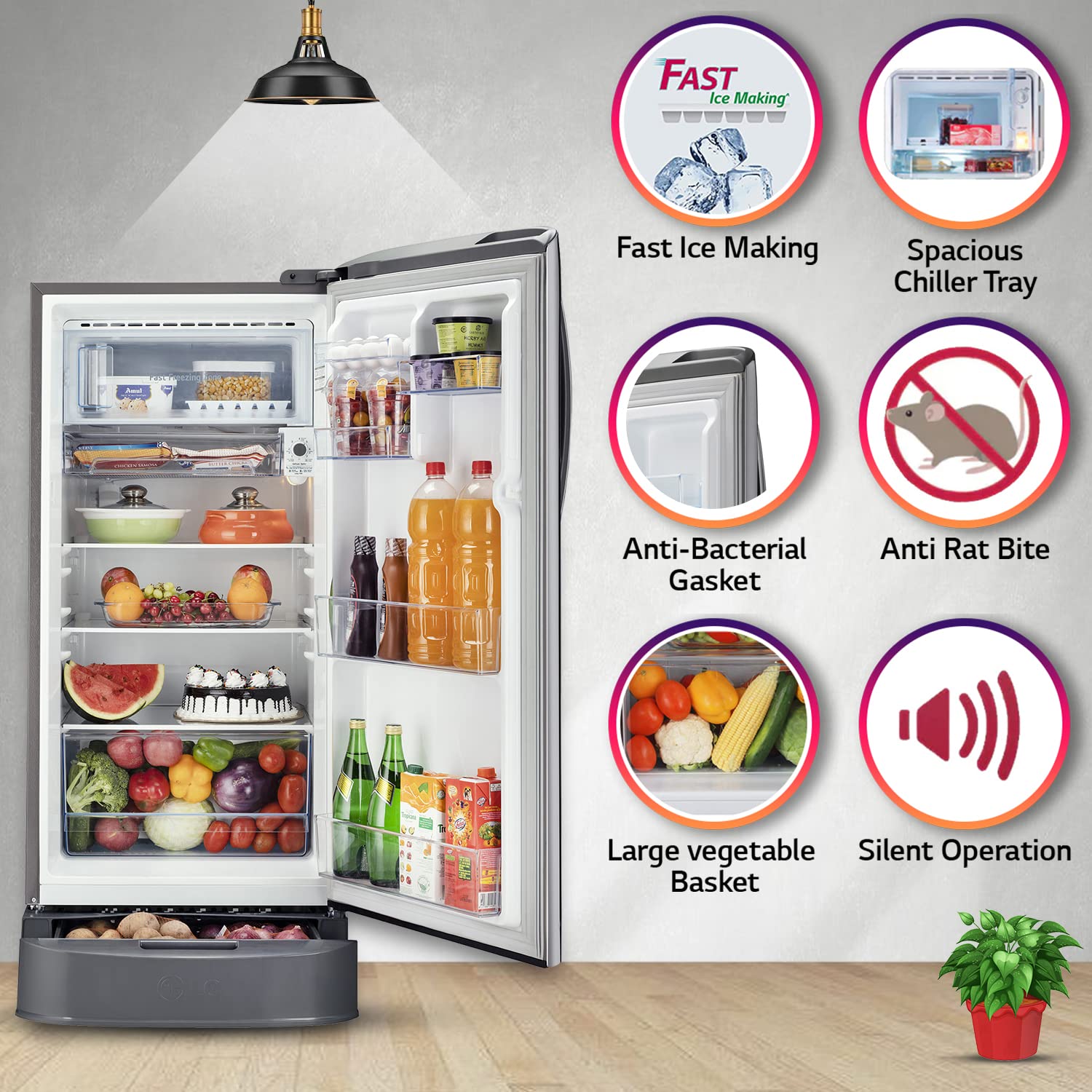 LG 201 L 5 Star Inverter Direct-Cool Single Door Refrigerator (GL-D211HPZZ, Shiny Steel, Base stand with drawer & Smart connect, Gross Volume- 204 L)