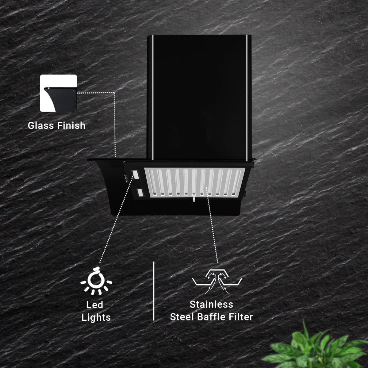 Sunflame BELLA 60 BK, 60 cm 1100 m3/hr Chimney (Baffle Filter, Black Powder-Coated Finish)