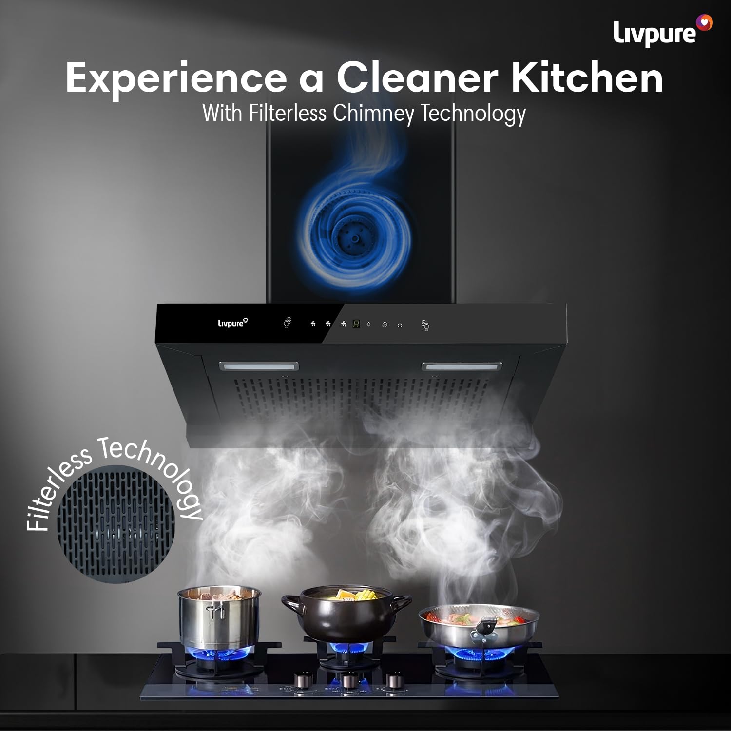 Livpure Ether 75 1350 m3/hr T Shape | Filterless Autoclean Kitchen Chimney |10 Yr Warranty On Motor, 2 Yr Comprehensive |Touch & Gesture Control, Black