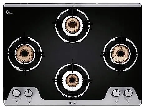 Elica Slimmest 4 Burner Auto Ignition Gas Stove with Double Drip Tray and Forged Brass Burners 694 CT VETRO 2J TKN CROWN DT AI