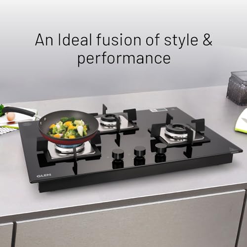 Glen 3 Burner Built In Glass Hob | Auto Ignition | 8 MM Toughened Glass | Black |Italian Burner with Double Ring Flame| |Warranty 2 Years Standard & 5 Years Glass |1073 SQ HT IN 70