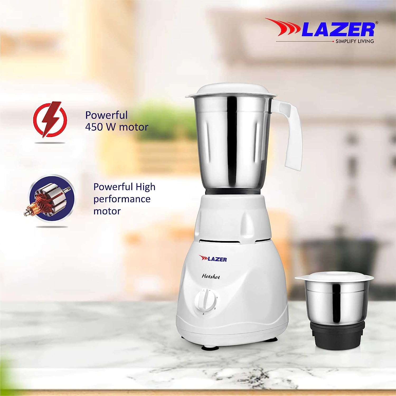 Lazer Hotshot 2 Jars 450W Mixer Grinder (White)