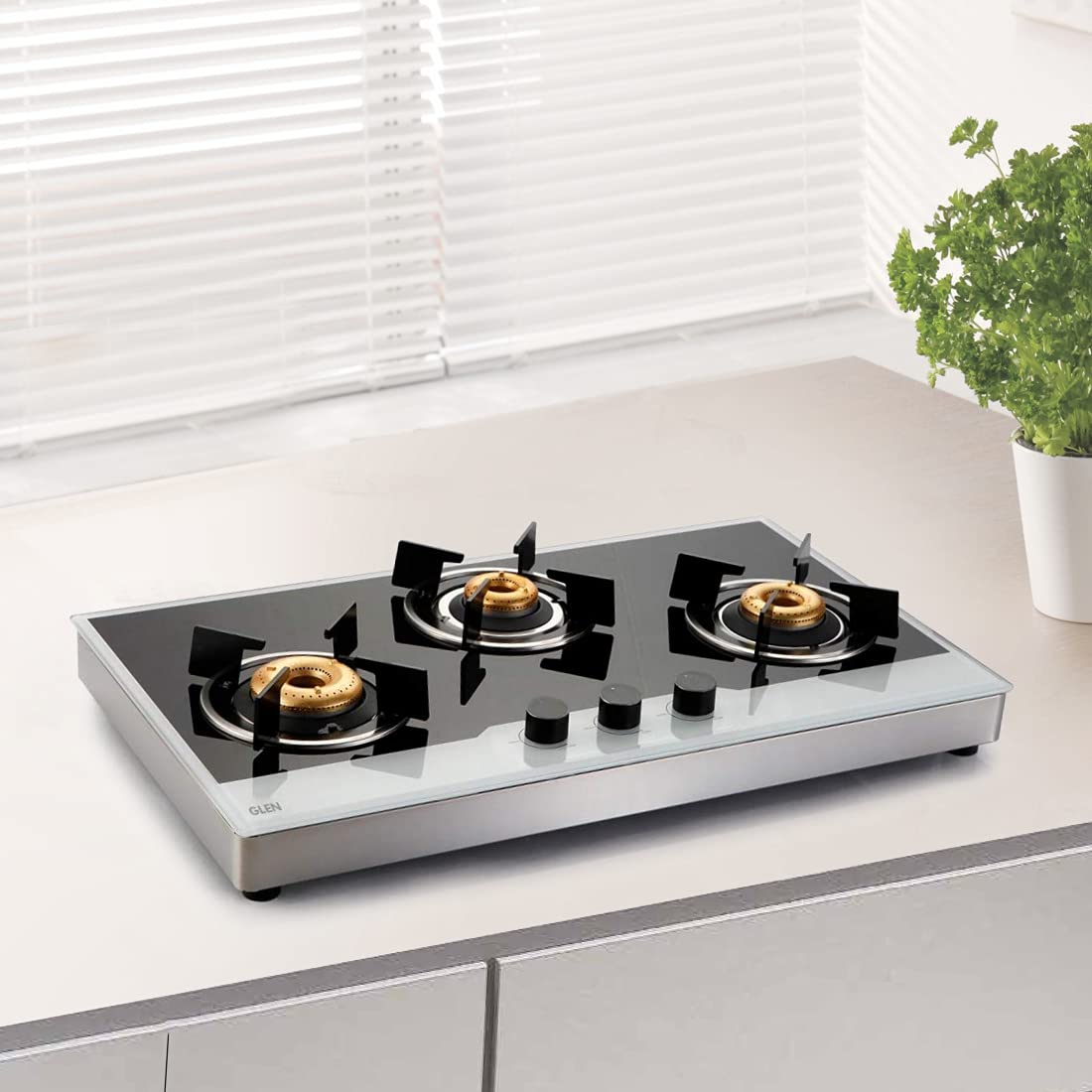 Glen 1073 FB BW AI FFD 3 Forged Brass Burner Glass Gas Hob Free Standing (Flame Failure Device)