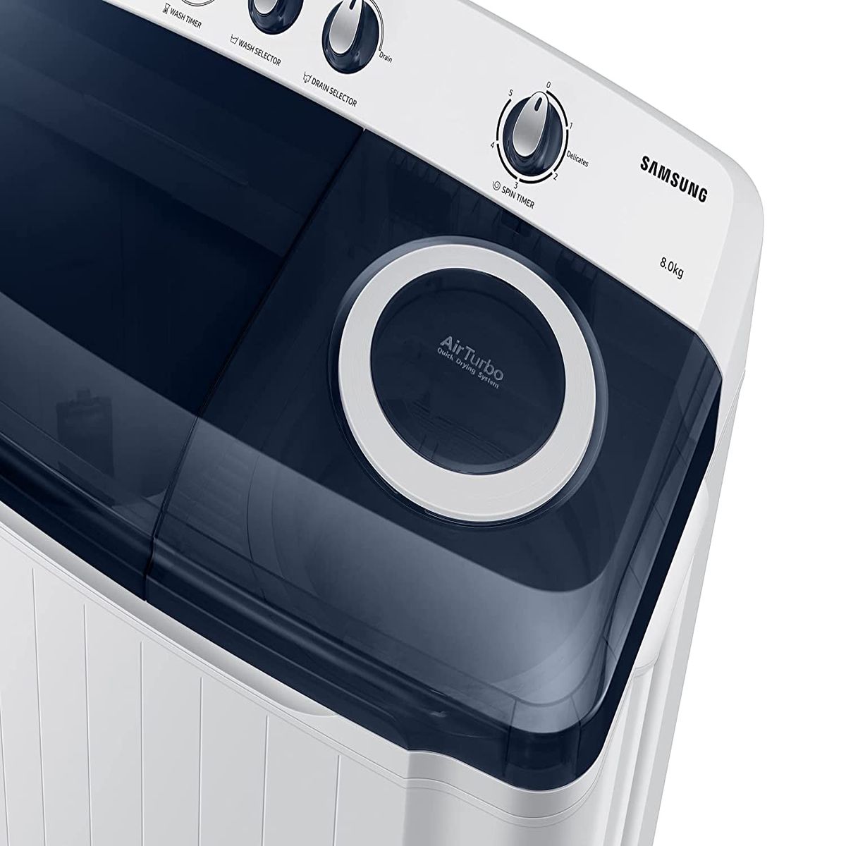 Samsung 8.0 Kg Semi-Automatic 5 Star Top Loading Washing Machine (WT80R4200LG/TL, Light Grey, Royal Blue Lid (Transparent), Hexa Storm Pulsator)