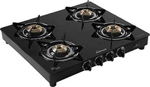 Sunflame (Classic Bk) Glass Top 4 Brass Burner Gas Stove, Open