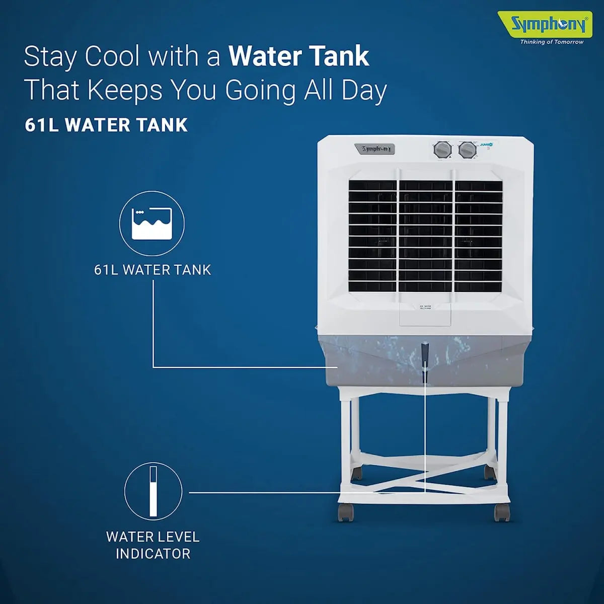 Symphony Jumbo 65+ Desert Air Cooler For Home with Aspen Pads, Powerful Fan, Cool Flow Dispenser and Free Trolley (61L, White)