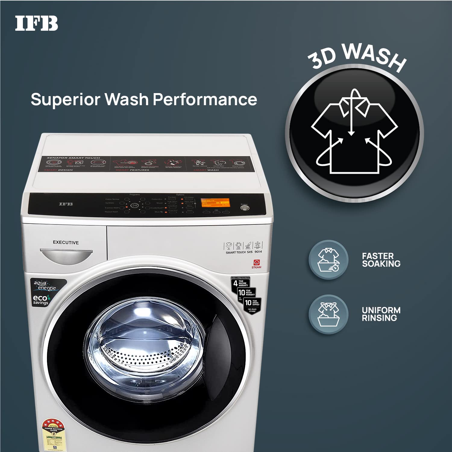 IFB 9 Kg 5 Star Front Load Washing Machine 2X Power Steam (EXECUTIVE SMART TOUCH SXS, Silver, O2 Bubble Wash, 4 years Comprehensive Warranty)