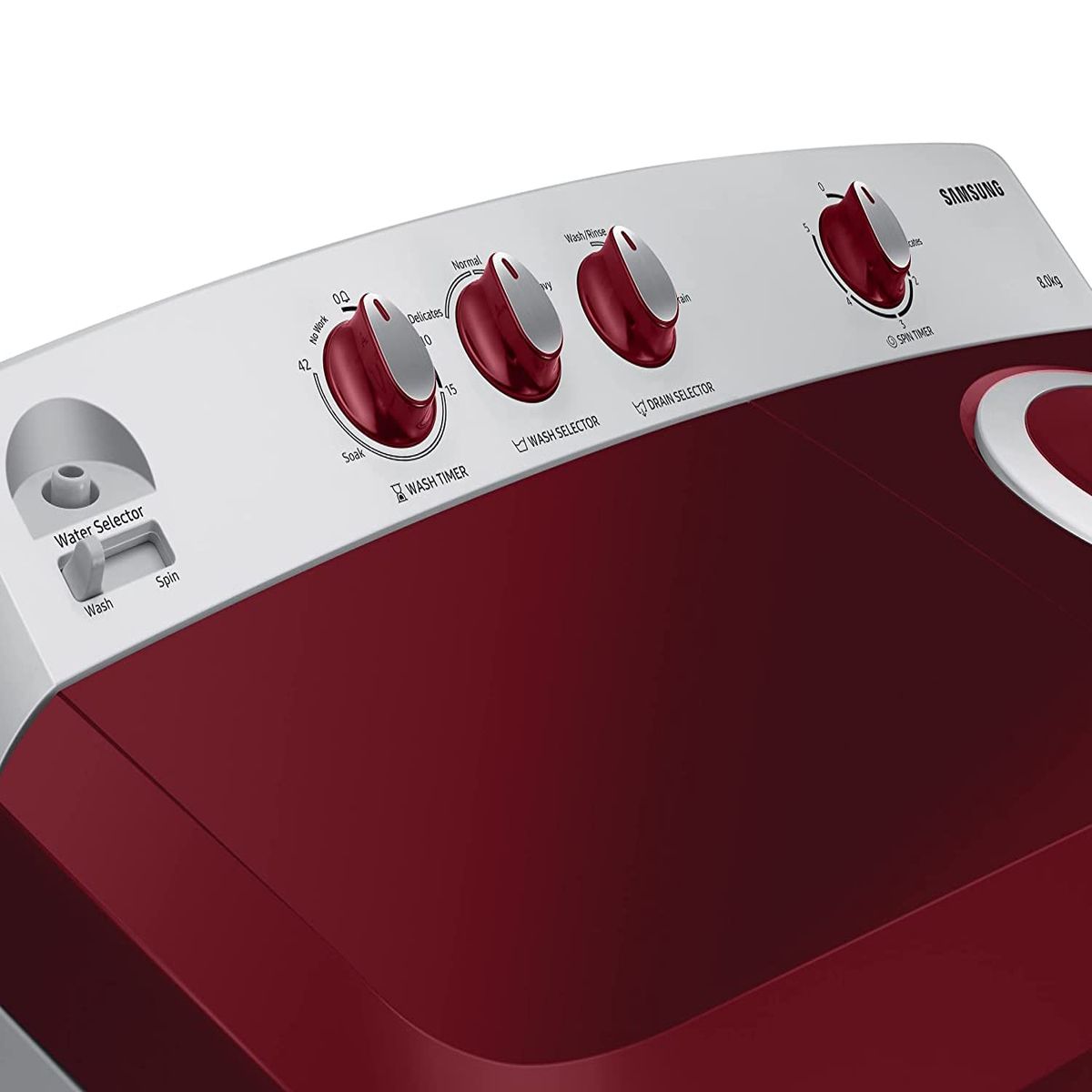 Samsung 8.0 Kg Semi-Automatic 5 Star Top Loading Washing Machine (WT80R4000RG/TL, Light Grey, Wine Red Lid (Opaque), Hexa Storm Pulsator)